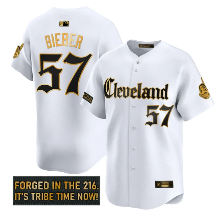 Shane Bieber Jersey #57 Cleveland Indians Gothic Iron Edition Stitched White Gold by My Store