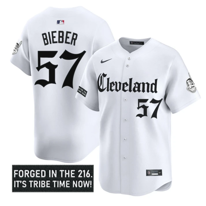 Shane Bieber Jersey #57 Cleveland Indians Gothic Iron Edition Stitched White by My Store