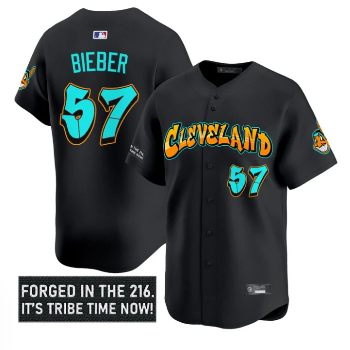 Shane Bieber Jersey #57 Cleveland Indians Graffiti 216 Ink Edition Black by My Store