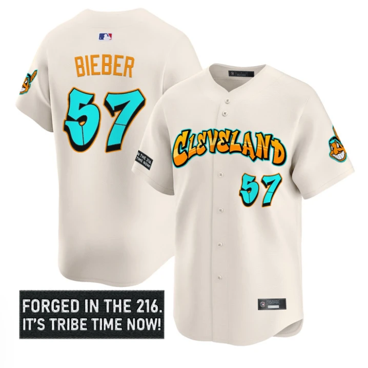 Shane Bieber Jersey #57 Cleveland Indians Graffiti 216 Ink Edition Cream by My Store