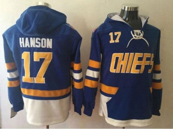 Slap Shot Charlestown Chiefs #17 Steve Hanson Blue Hoodie by Hockey David