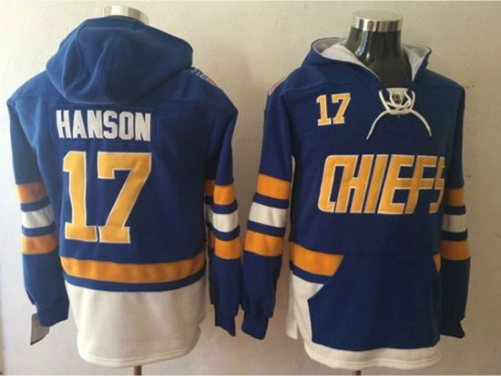 Slap Shot Charlestown Chiefs #17 Steve Hanson Blue One Front Pocket Pullover Hoodie by Hoodie Pullover