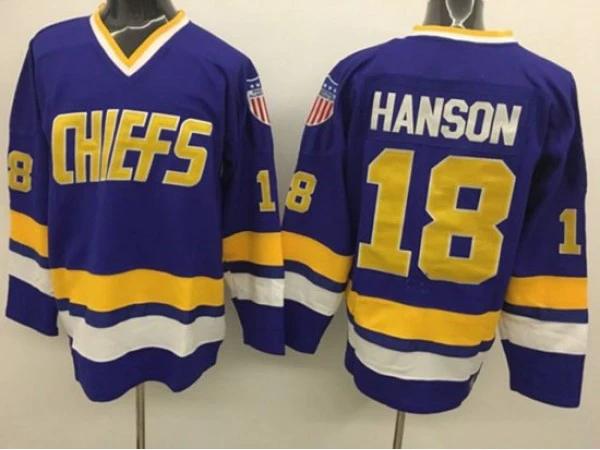 Slap Shot Charlestown Chiefs #18 Jeff Hanson Blue Movie Hockey Jersey by Hockey David