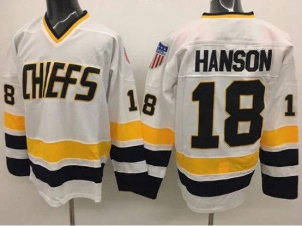 Slap Shot Charlestown Chiefs #18 Jeff Hanson White Movie Hockey Jersey by Hockey David