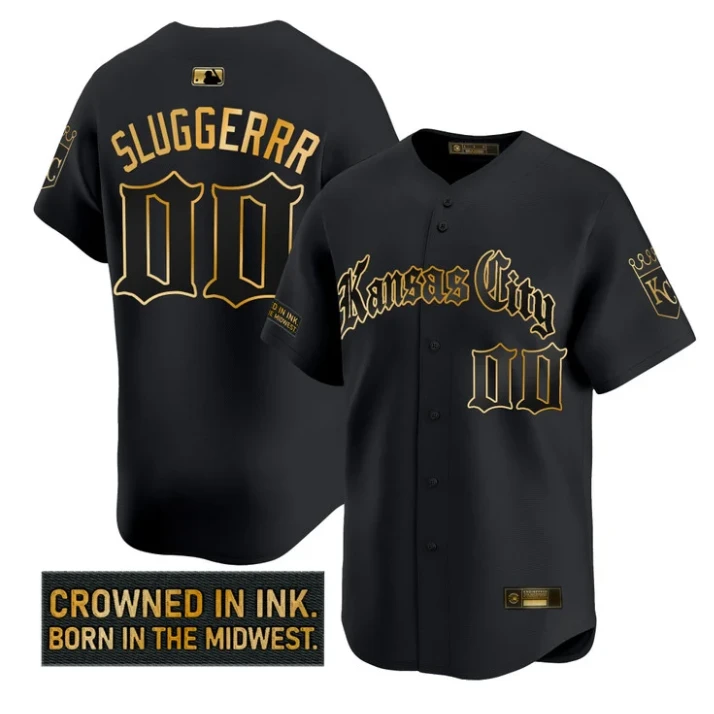 Sluggerrr Jersey #00 Kansas City Royals Gothic Crown Edition Stitched Black Gold by My Store
