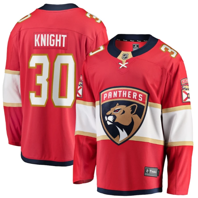 Spencer Knight 30 Florida Panthers 2025 Breakaway Player Men Jersey Red by Hockey David