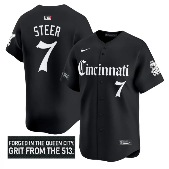 Spencer Steer Jersey #7 Cincinnati Reds Gothic Queen City Edition Stitched Black by My Store