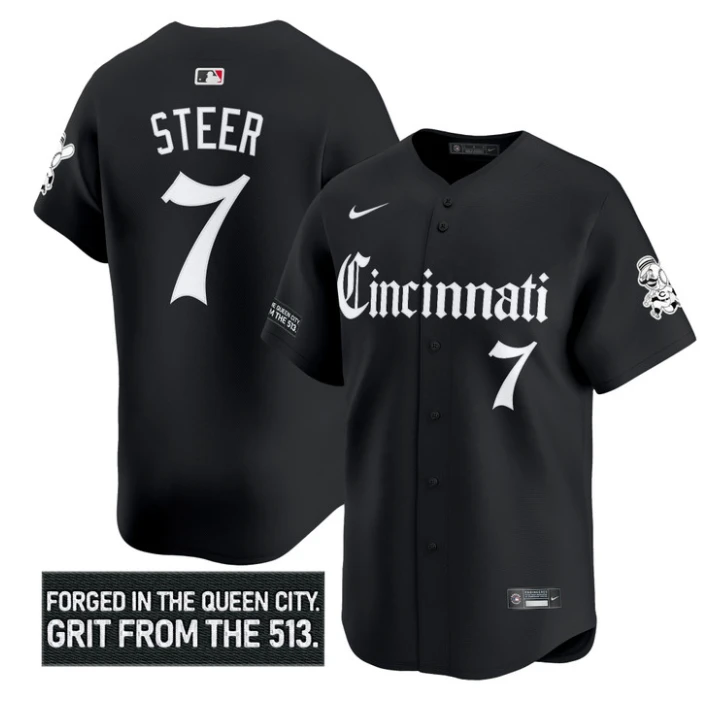 Spencer Steer Jersey #7 Cincinnati Reds Gothic Queen City Edition Stitched Black by My Store