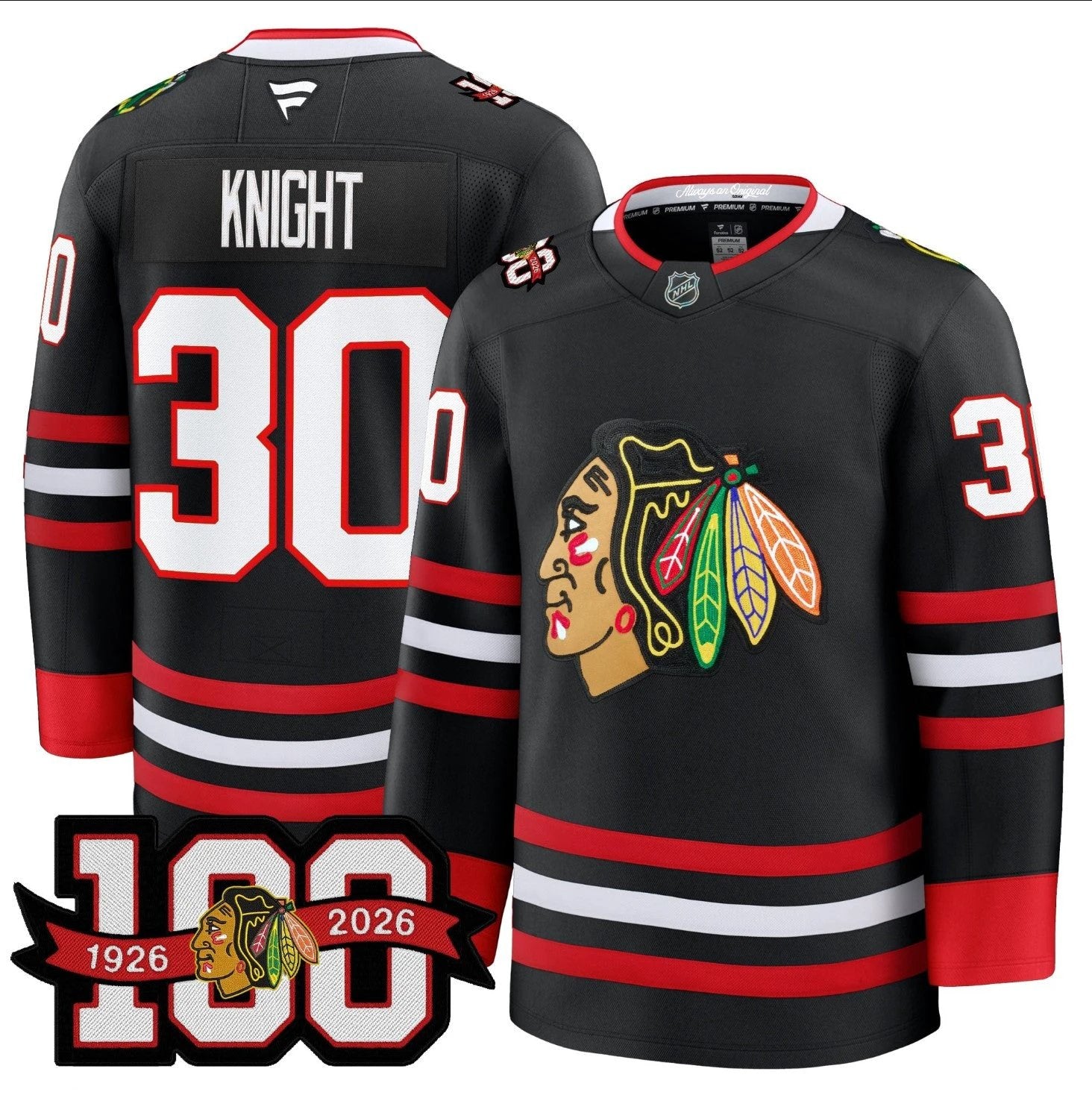 Spencer Knight Jersey #30 Chicago Blackhawks 2025-26 Premium 100th Stitched by Hockey David
