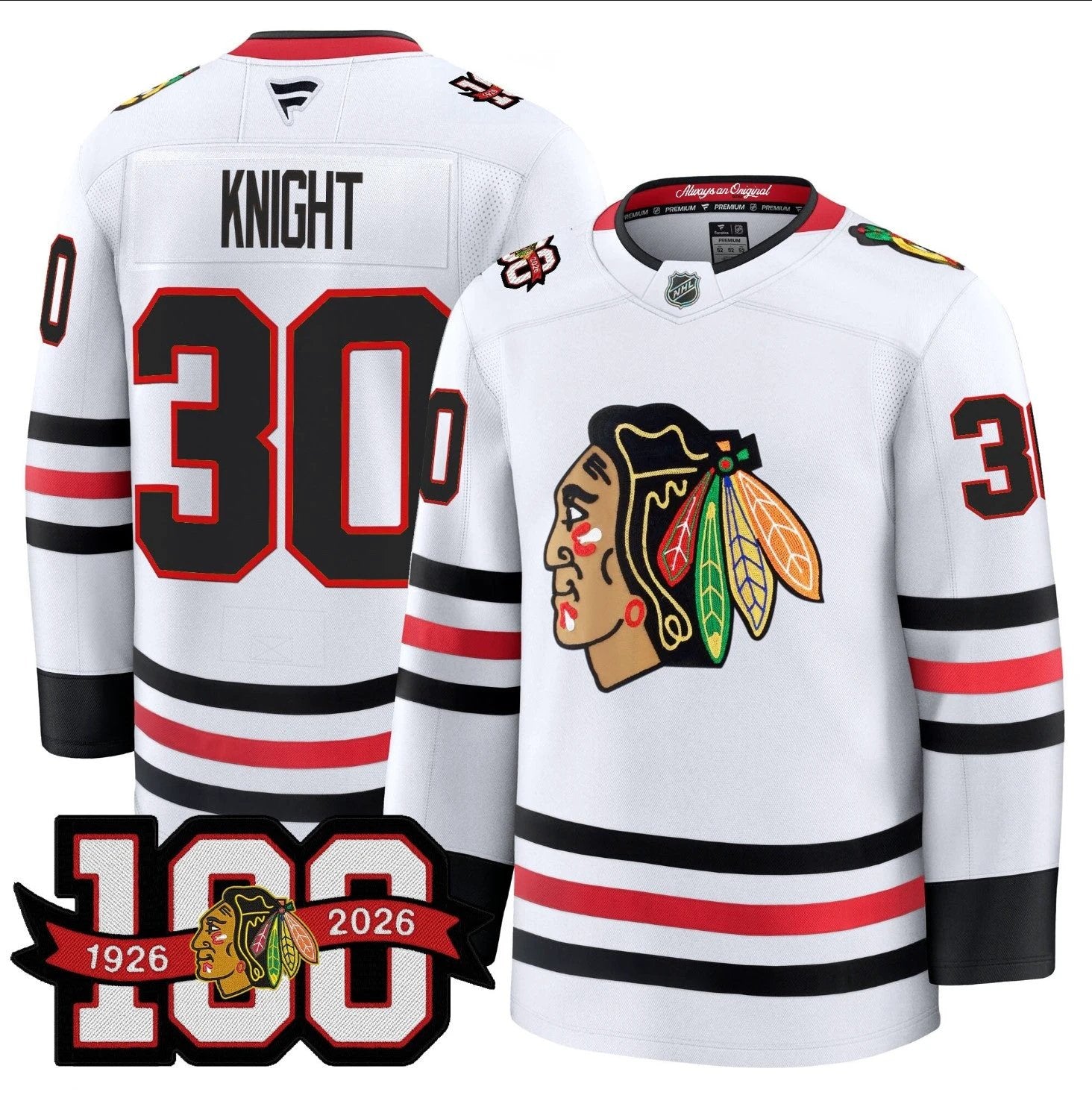 Spencer Knight Jersey #30 Chicago Blackhawks 2025-26 Premium 100th Stitched by Hockey David