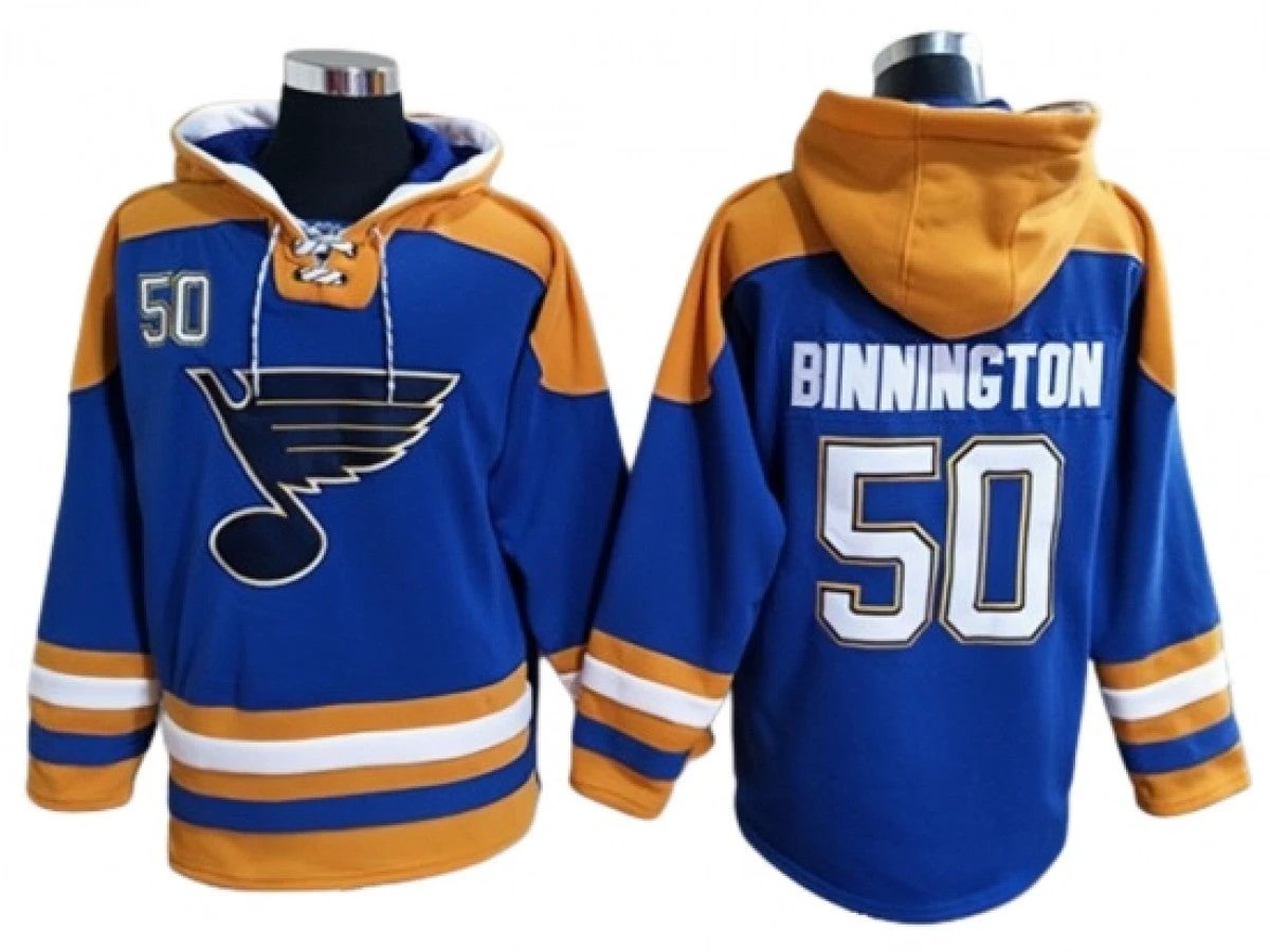 St. Louis Blues #50 Jordan Binnington Blue Ageless Must-Have Lace-Up Pullover Hoodie by Hoodie Pullover
