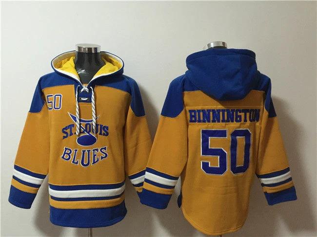 St. Louis Blues #50 Jordan Binnington Yellow Ageless Must-Have Lace-Up Pullover Hoodie by Hoodie Pullover