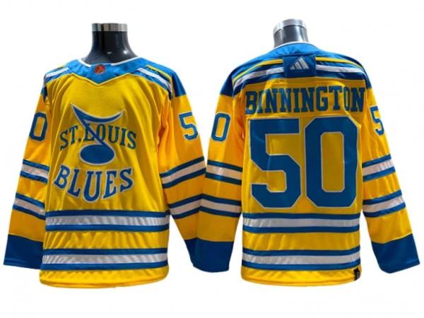 St. Louis Blues #50 Jordan Binnington Yellow Reverse Retro 2.0 Jersey by Hockey David