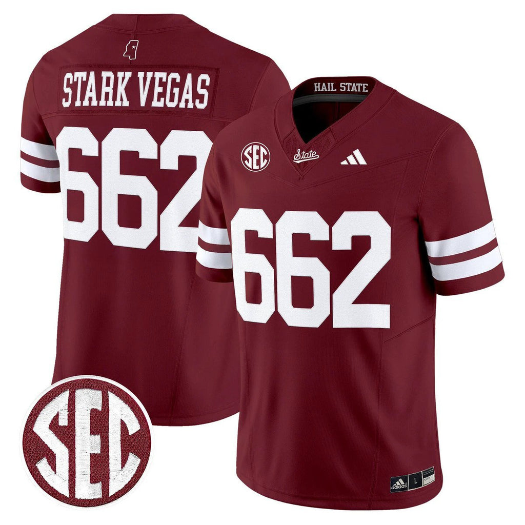 Stark Vegas Jersey #662 Mississippi State Bulldogs Dark Mode Stitched Maroon by My Store NCAA Football Jerseys