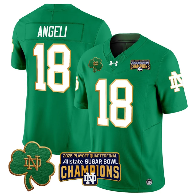 Steve Angeli Jersey #18 Notre Dame 2025 Sugar Bowl Champions Patch Green by NCAA Football Jersey