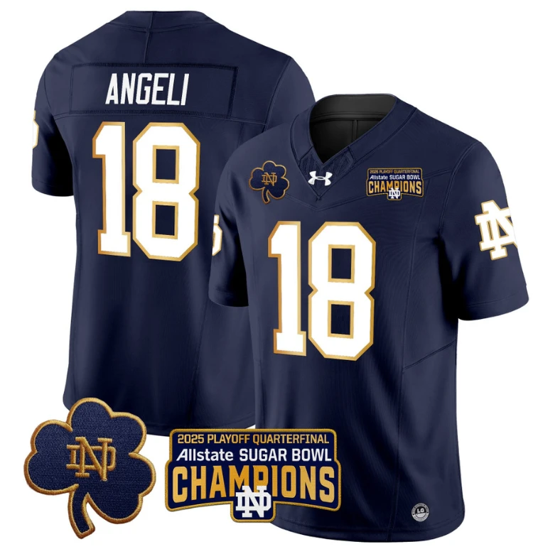 Steve Angeli Jersey #18 Notre Dame 2025 Sugar Bowl Champions Patch Navy by NCAA Football Jersey