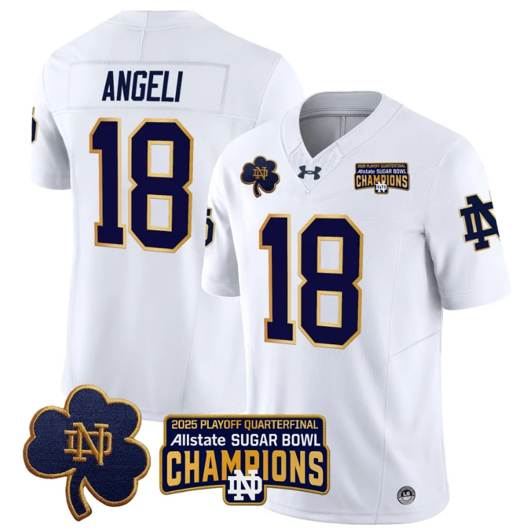 Steve Angeli Jersey #18 Notre Dame 2025 Sugar Bowl Champions Patch White by NCAA Football Jersey