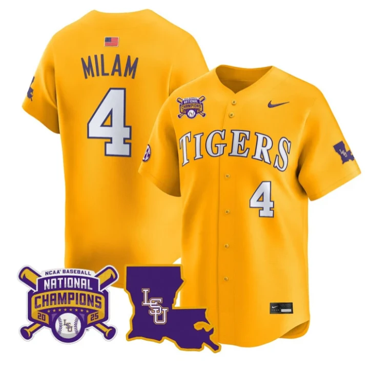 Steven Milam Jersey #4 LSU Tigers 2025 World Series Champions Stitched Gold by My Store