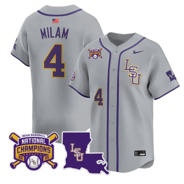 Steven Milam Jersey #4 LSU Tigers 2025 World Series Champions Stitched Gray by My Store
