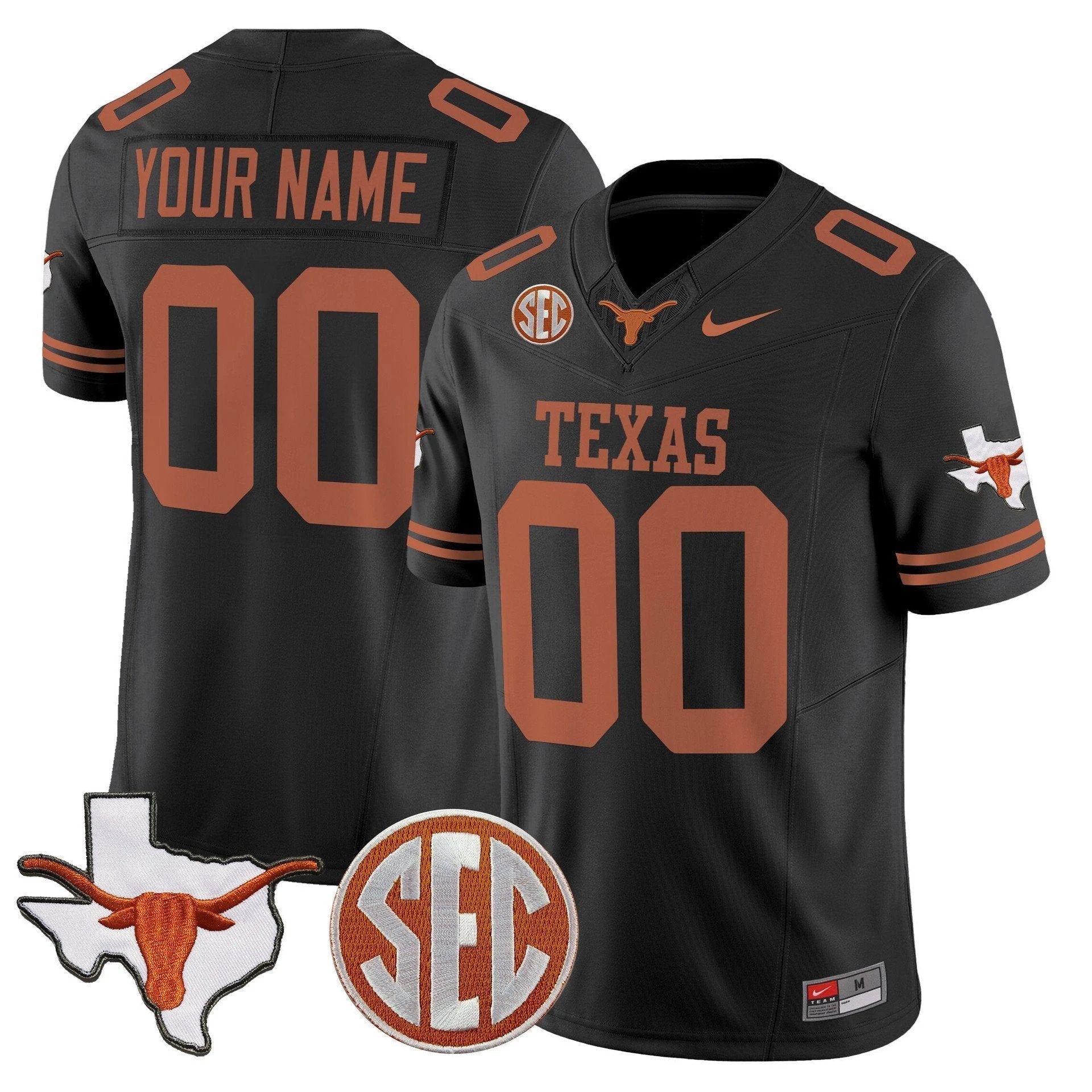 Custom Texas Longhorns Jersey 2025 State Map SEC Patch Stitched Black by My Store