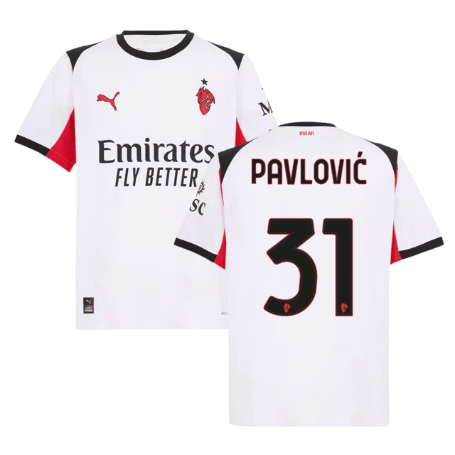Strahinja Pavlovic 31 AC Milan 2025-26 Away Men Jersey – White by Soccer Jersey
