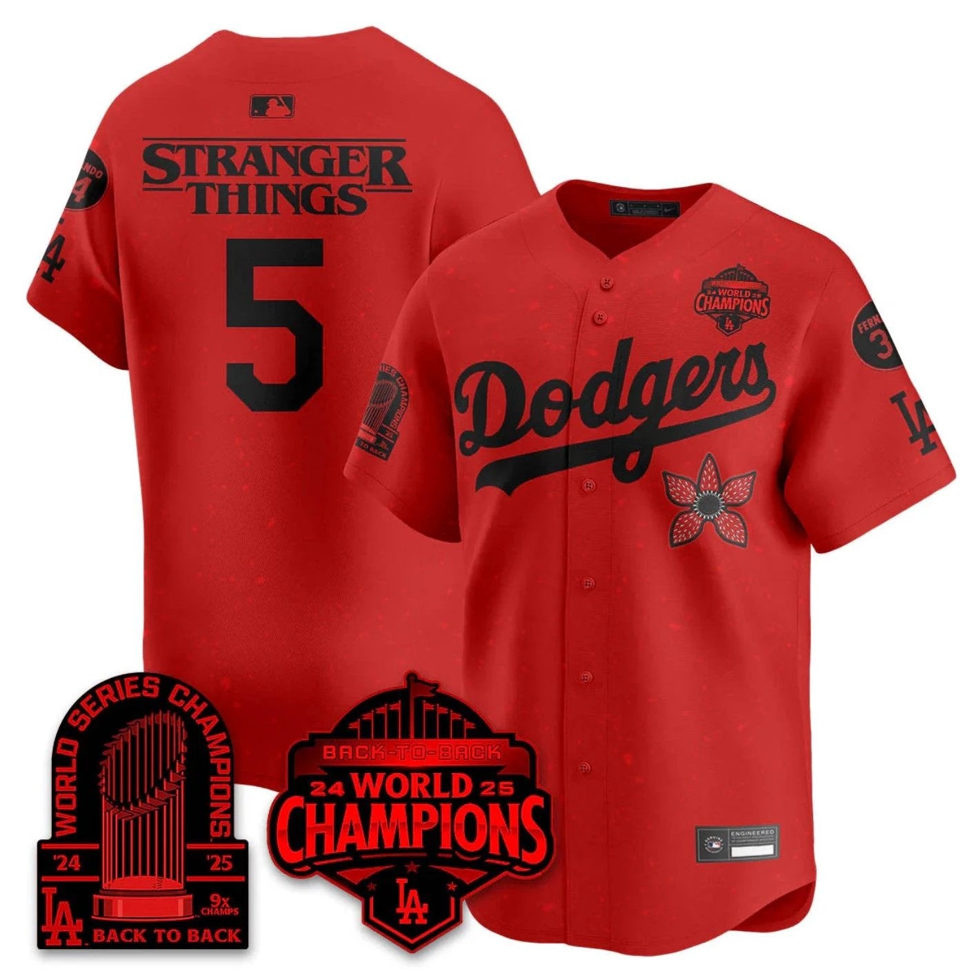 Stranger Things Jersey #5 Dodgers 2025 Champions Stranger Things 9x Champs Stitched by My Store