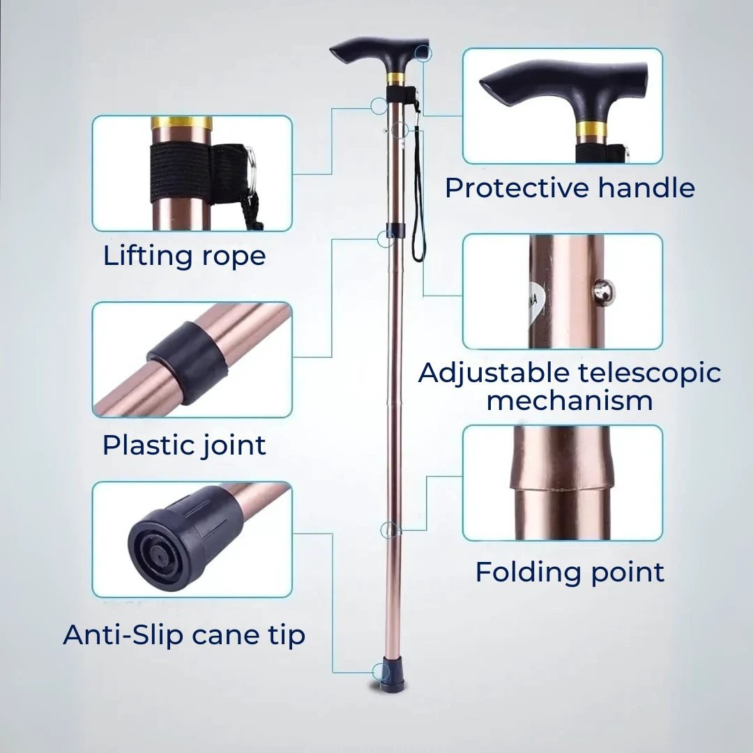 StrideAid Folding Telescopic Walking Stick | Adjustable Cane - Ergonomic Handle - Non-Slip Tip for Mobility Support Bowlift by Bowlift