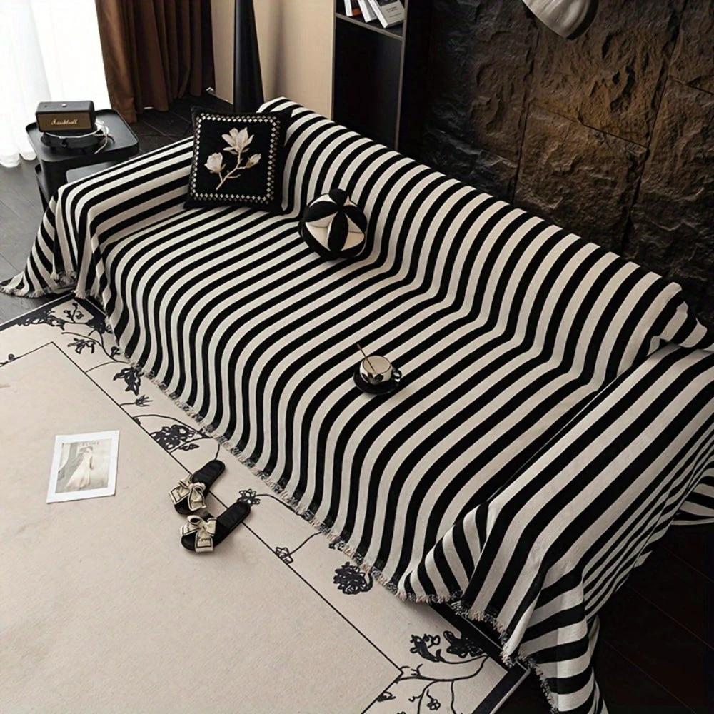 Striped Chenille Black White Sofa Cover by Casa & Beyond