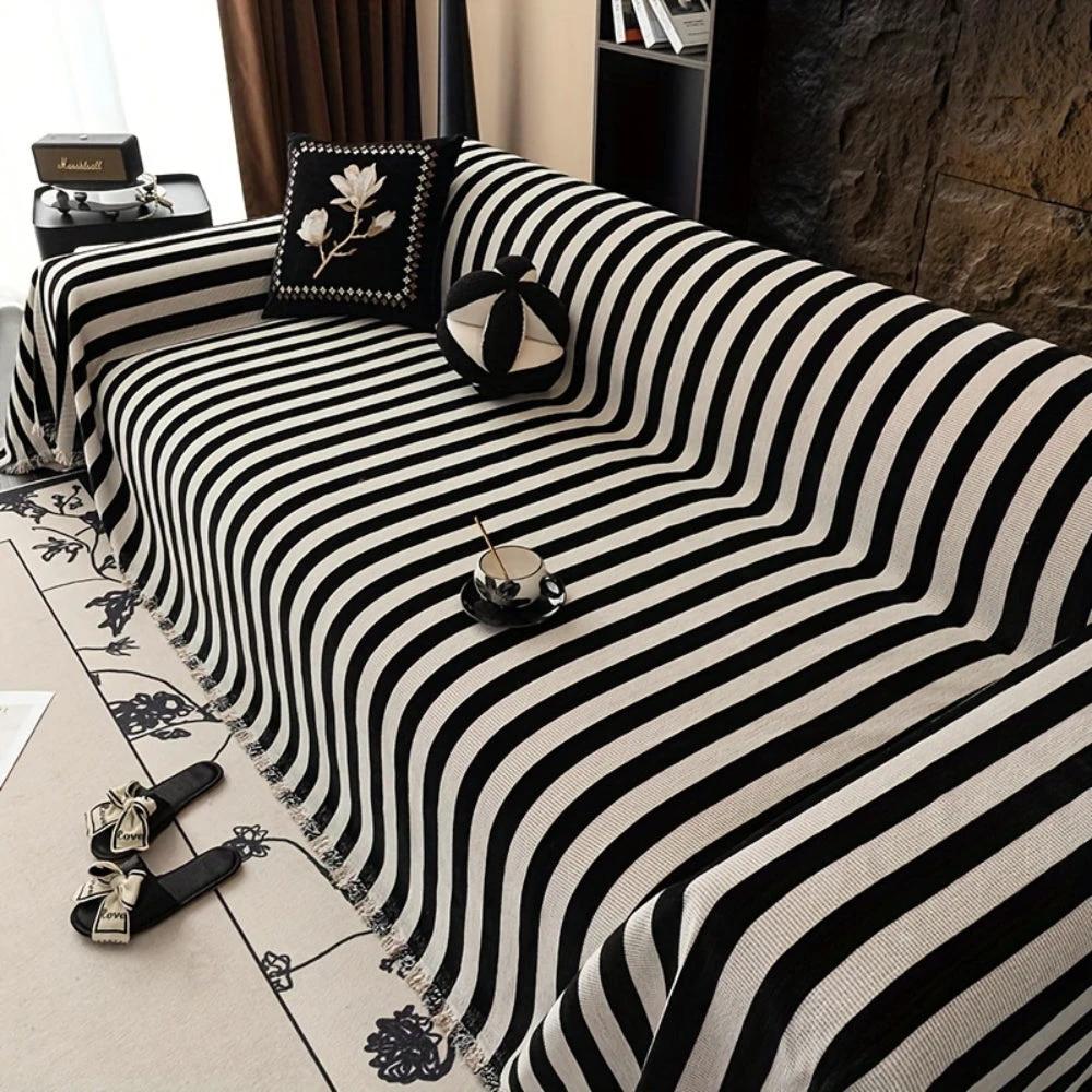 Striped Chenille Black White Sofa Cover by Casa & Beyond
