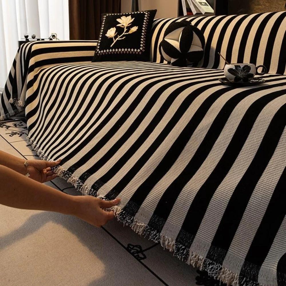 Striped Chenille Black White Sofa Cover by Casa & Beyond