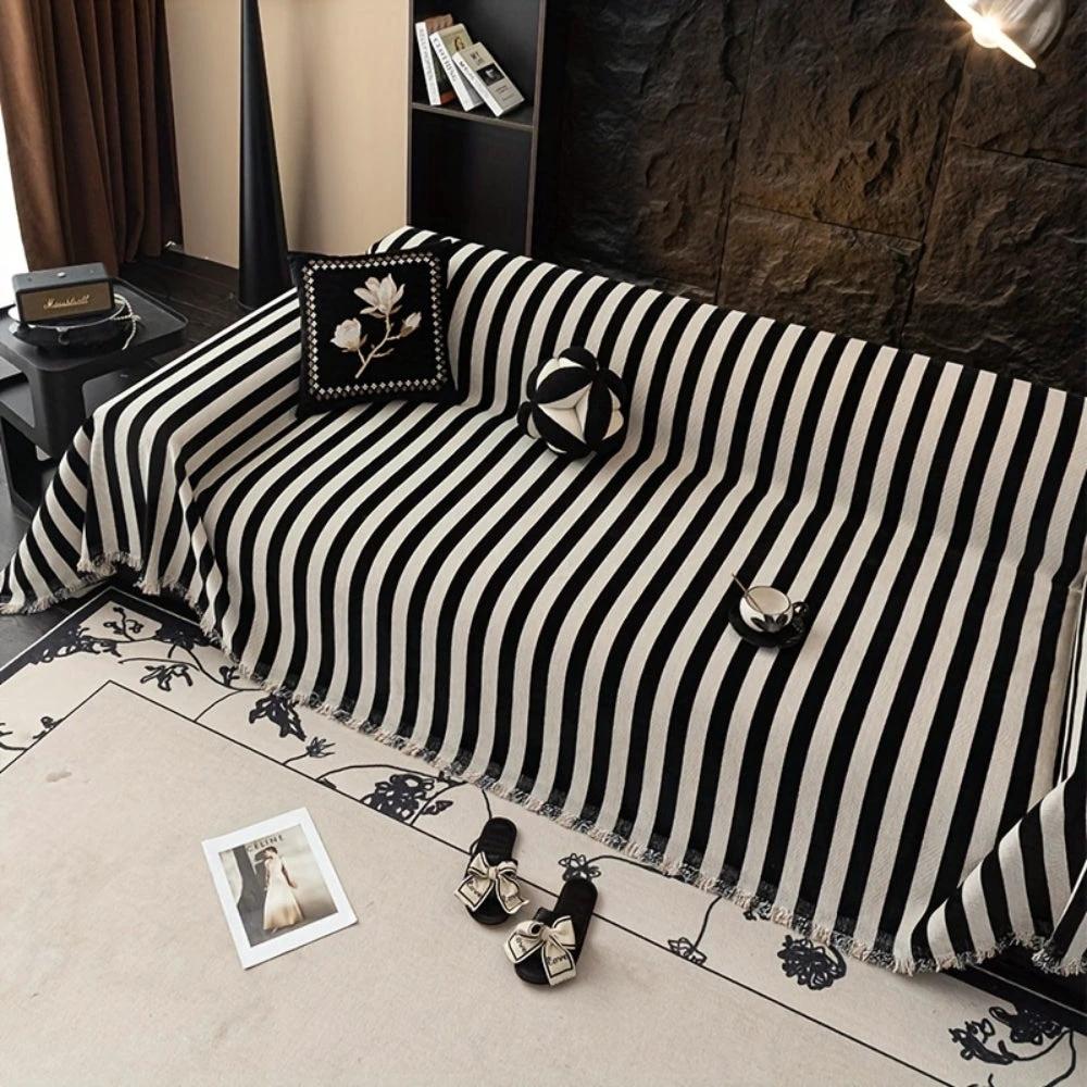 Striped Chenille Black White Sofa Cover by Casa & Beyond