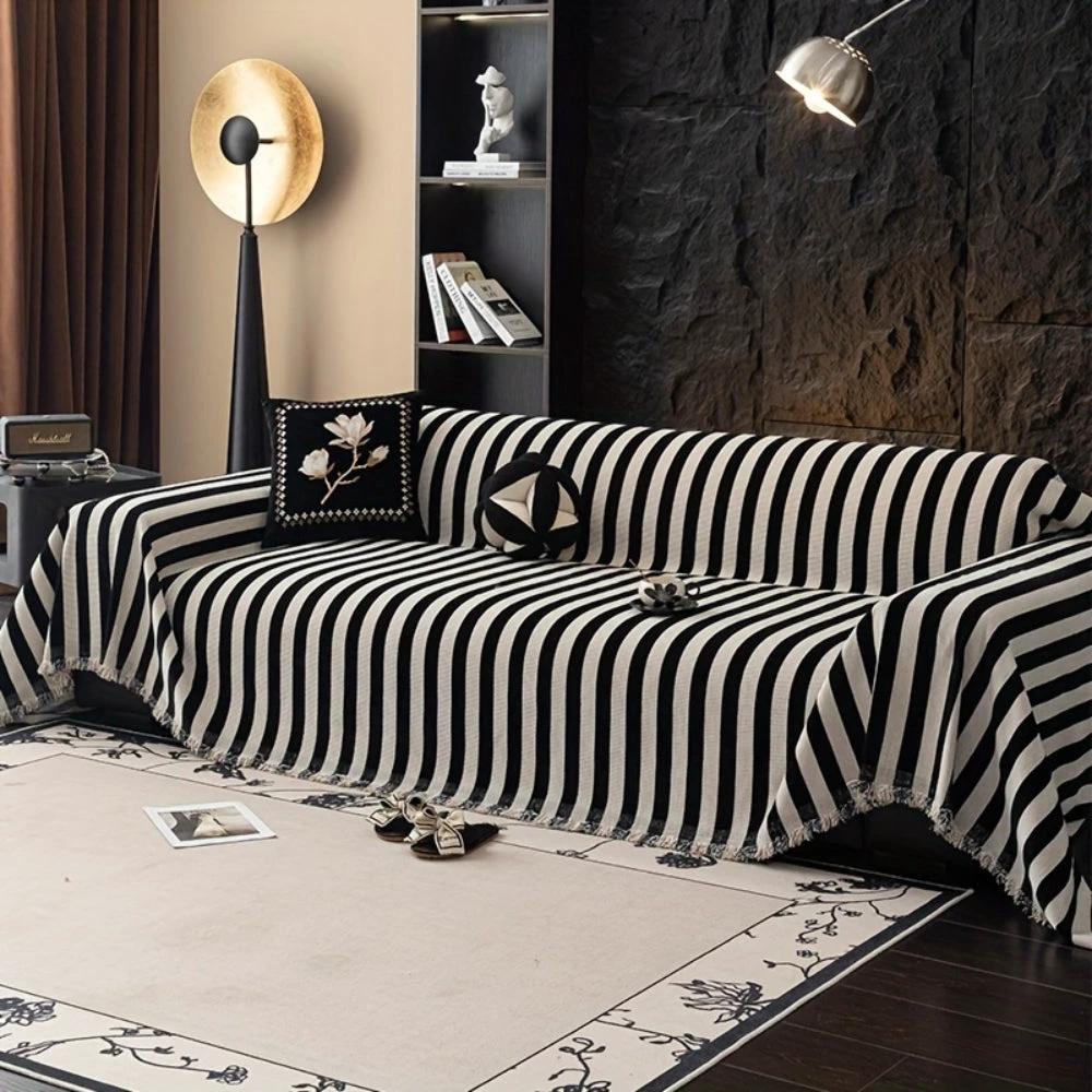 Striped Chenille Black White Sofa Cover by Casa & Beyond