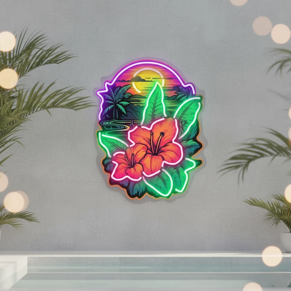 Sunset and Flower Led Neon Sign Palm Neon Sign by Neonchics