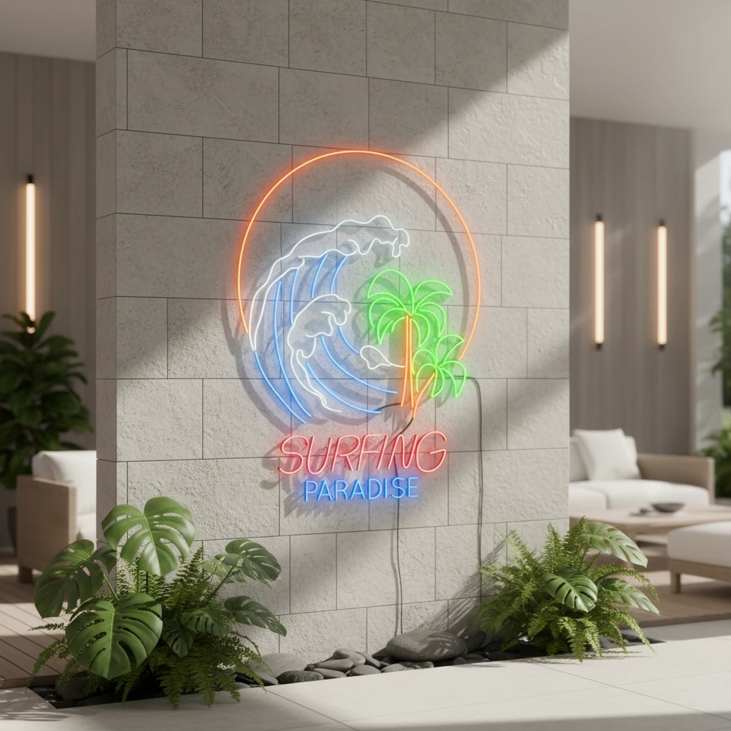 Surfing Paradise Palm Tree Neon Sign by Neonchics