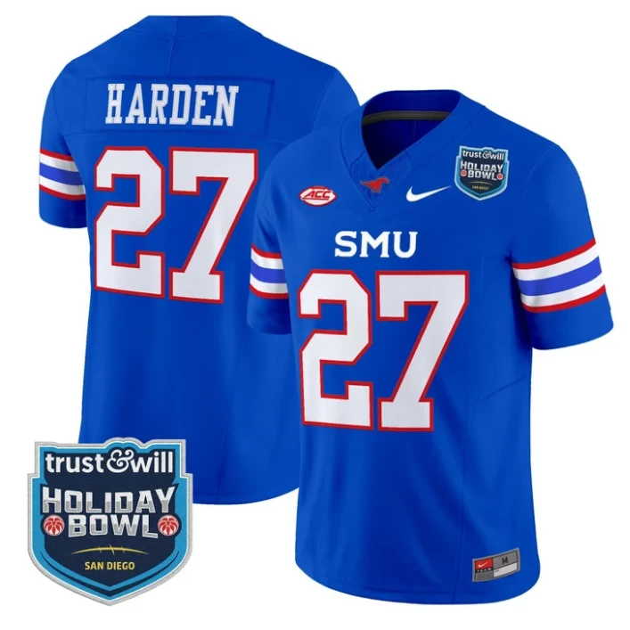 T.J. Harden Jersey #27 SMU Mustangs 2026 Holiday Bowl Patch Stitched Blue by My Store NCAA Football Jerseys