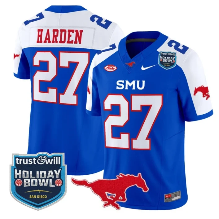 T.J. Harden Jersey #27 SMU Mustangs 2026 Holiday Bowl Patch Stitched Blue Alternate by My Store NCAA Football Jerseys