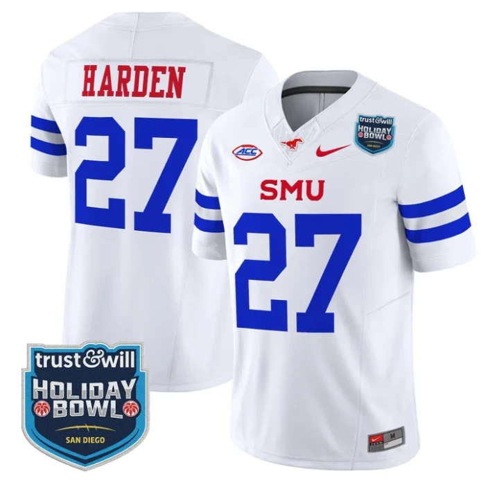 T.J. Harden Jersey #27 SMU Mustangs 2026 Holiday Bowl Patch Stitched White by My Store NCAA Football Jerseys