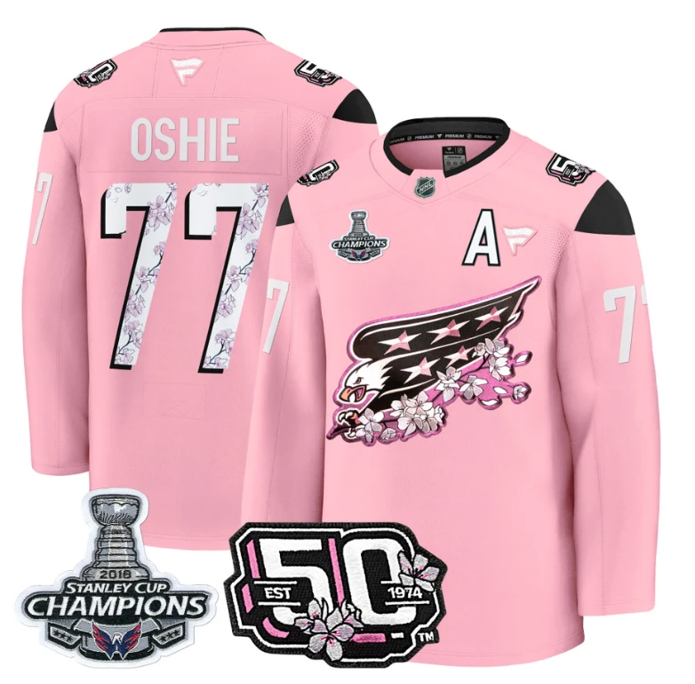T.J. Oshie Jersey #77 Washington Capitals 50th 2018 Stanley Cup Champions Patch Cherry Blossom by Hockey David
