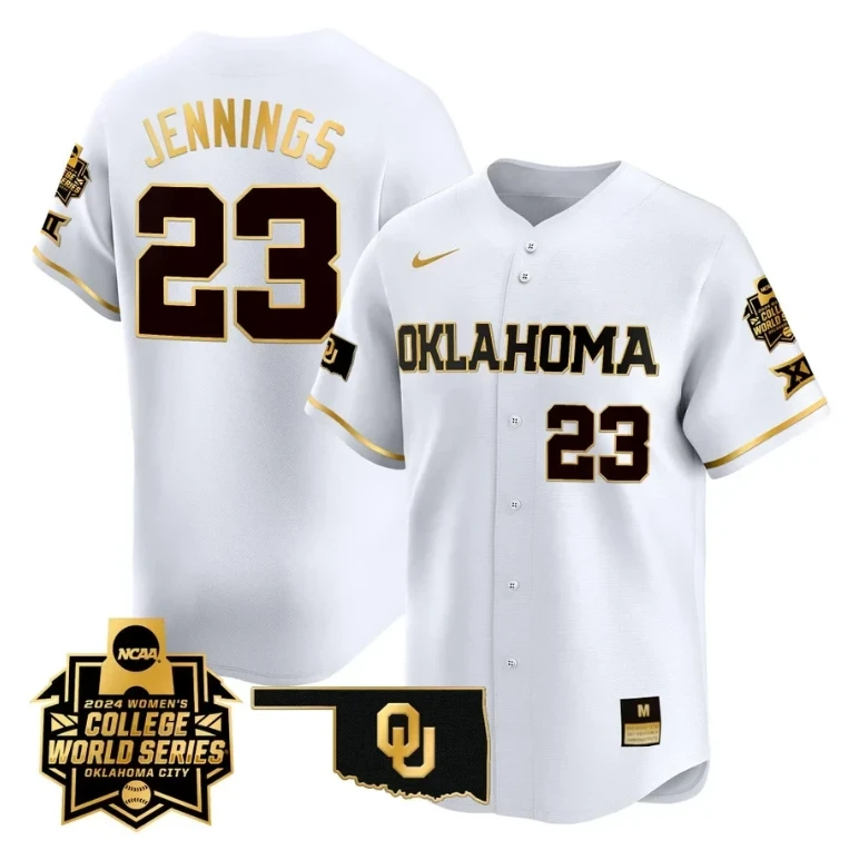 Tiare Jennings Jersey #23 Oklahoma Sooners 2024 College World Series Patch Vapor Premier Limited NCAA Baseball Stitched White Gold by My Store