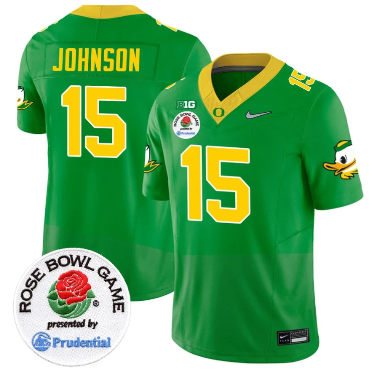Tez Johnson Jersey #15 Oregon Ducks Rose Bowl Patch Vapor Limited V2 Green by NCAA Football Jersey