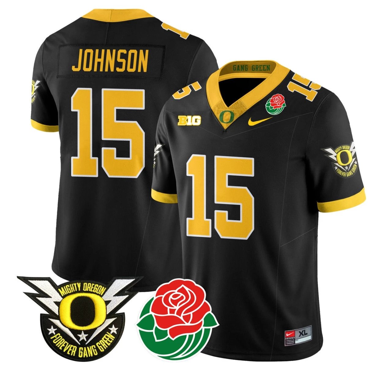 Tez Johnson Jersey #15 Oregon Ducks 2024 Mighty Rose Bowl Patch N2 Black by My Store