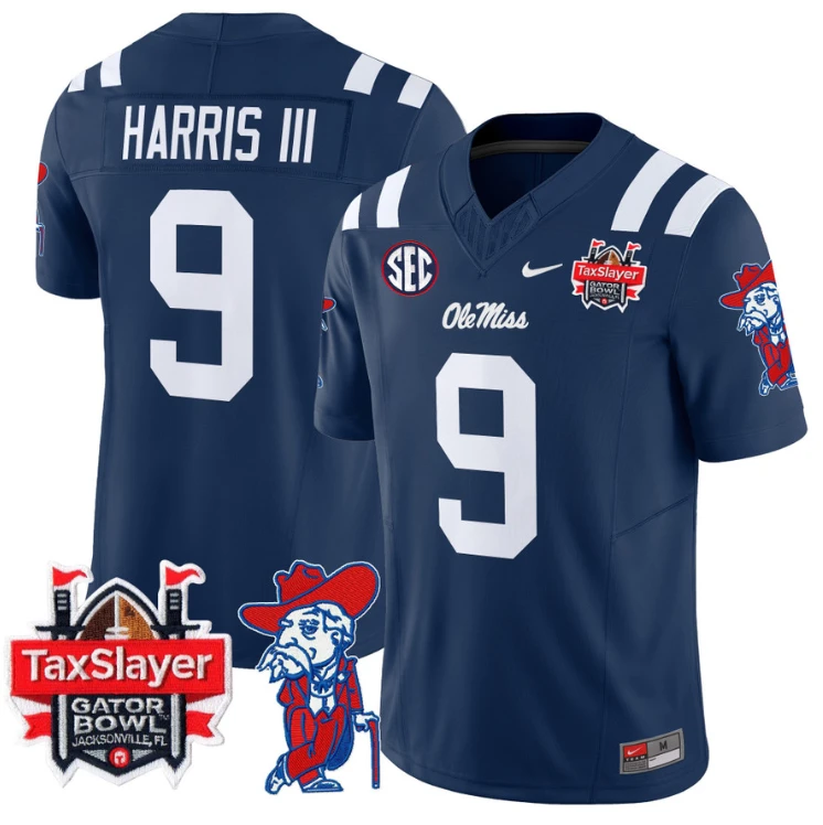 Tre Harris Jersey #9 Ole Miss Rebels 2025 Gator Bowl Patch Navy by My Store