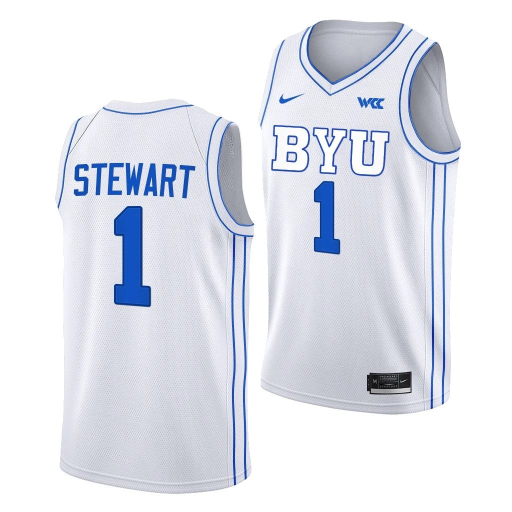 Trey Stewart Jersey BYU Cougars College Basketball White #1 by My store basketball