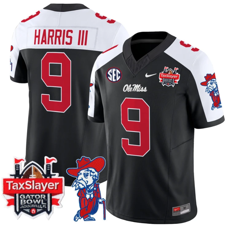 Tre Harris Jersey #9 Ole Miss Rebels 2025 Gator Bowl Patch Black Alternate by My Store