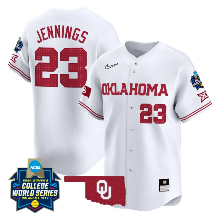 Tiare Jennings Jersey #23 Oklahoma Sooners 2024 College World Series Patch Vapor Premier Limited NCAA Baseball Stitched White by My Store