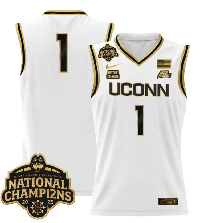 Team Jersey #1 UConn Huskies 2025 National Champions Patch Stitched White Gold by My store basketball