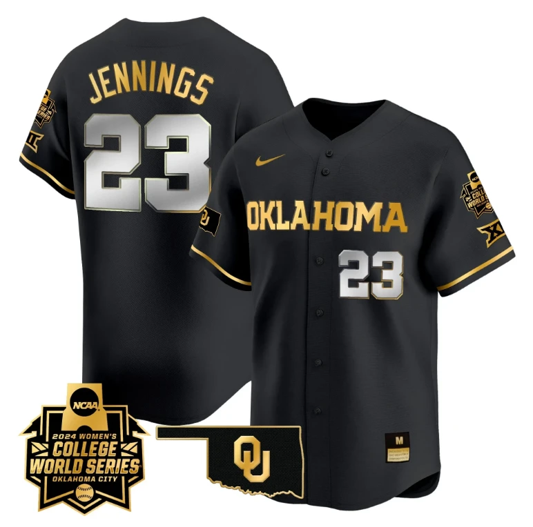 Tiare Jennings Jersey #23 Oklahoma Sooners 2024 College World Series Patch Vapor Premier Limited NCAA Baseball Stitched Black Gold by My Store