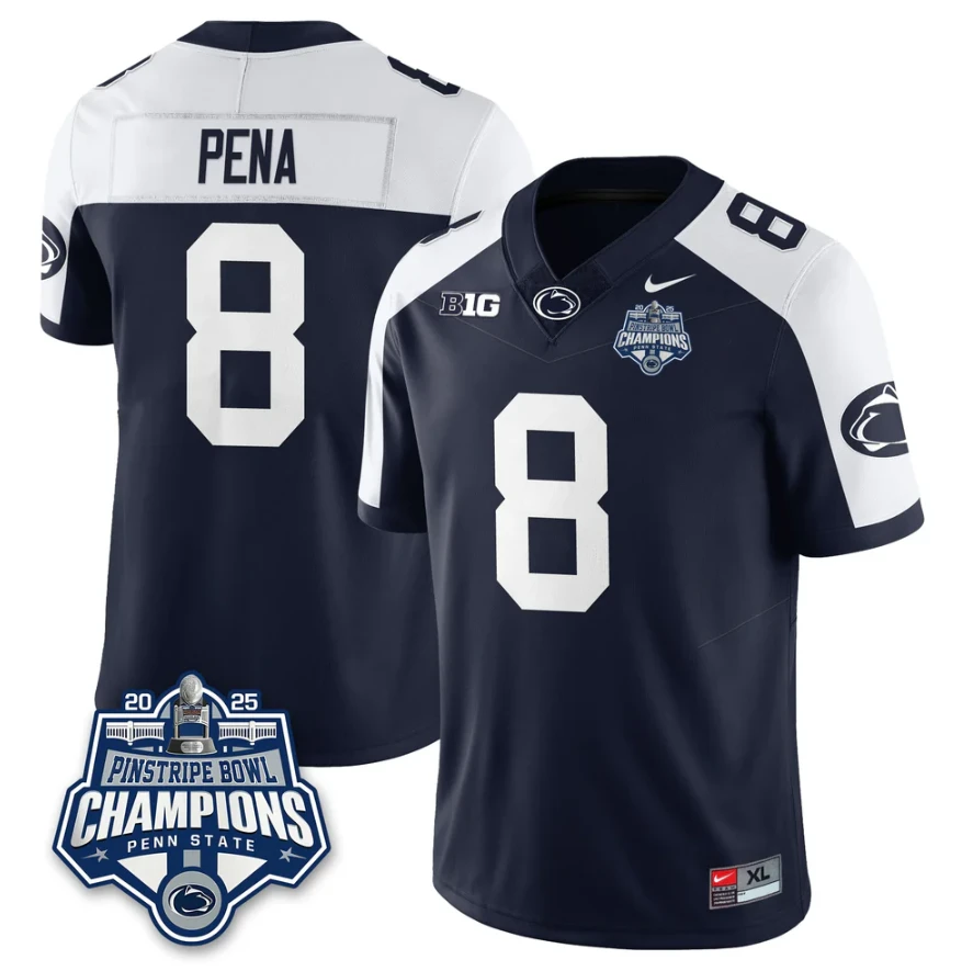 Trebor Pena Jersey #8 Penn State 2025 Pinstripe Bowl Champions Stitched Navy Alternate by NCAA Football Jersey
