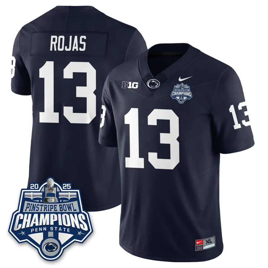 Tony Rojas Jersey #13 Penn State 2025 Pinstripe Bowl Champions Stitched Navy by NCAA Football Jersey