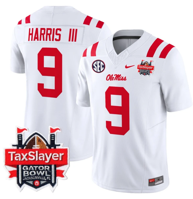 Tre Harris Jersey #9 Ole Miss Rebels 2024 Gator Bowl Patch V2 White by My Store